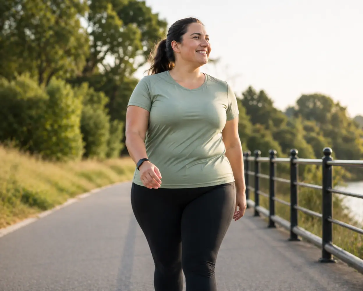 Woman walking outdoors representing personalized medical weight loss treatment and online support in Texas.