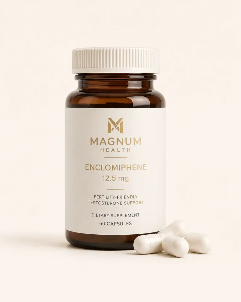 Magnum Telehealth enclomiphene medication bottle with capsules for provider-guided hormone support.