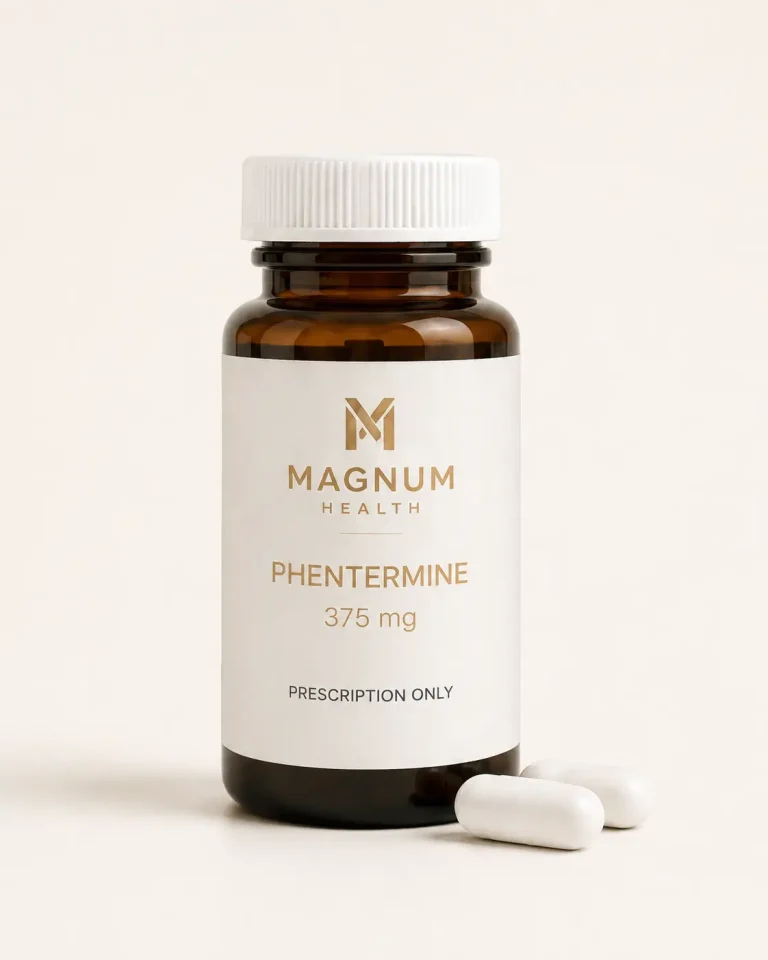 Magnum Telehealth phentermine medication bottle with tablets for provider-guided appetite and weight management.