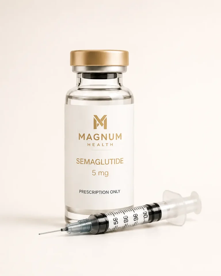 Magnum Telehealth semaglutide vial with syringe for provider-guided medical weight loss treatment.