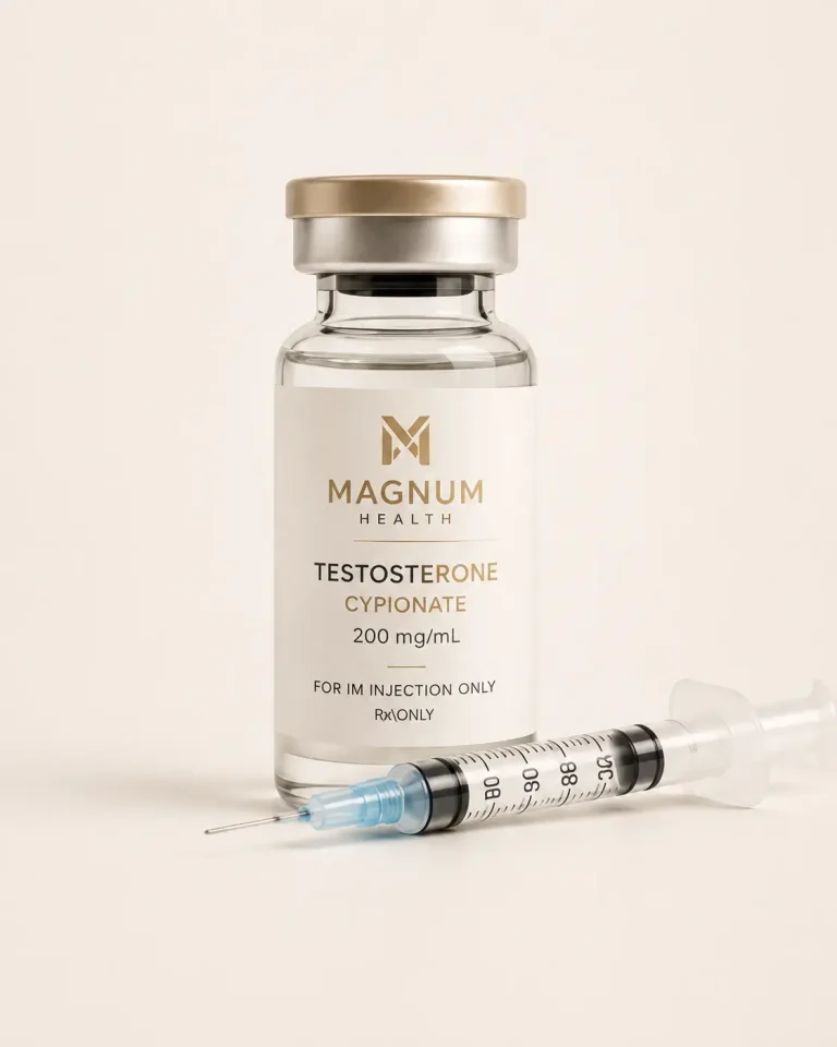 Magnum Telehealth testosterone cypionate vial with syringe for provider-guided testosterone replacement therapy.