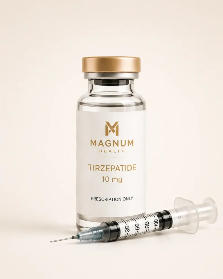 Magnum Telehealth tirzepatide vial with syringe for provider-guided weight loss and appetite management.
