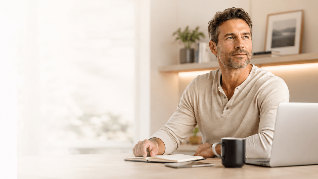 Middle-aged man seated at home, representing provider-guided online TRT consultation and personalized testosterone health support.