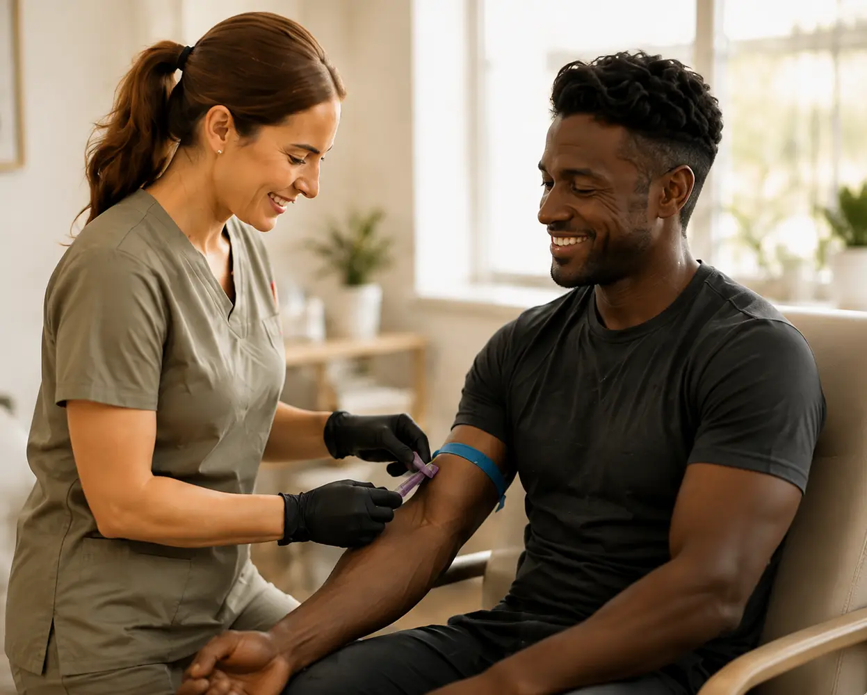 Black male patient receiving a routine blood draw for custom lab testing at Magnum Health